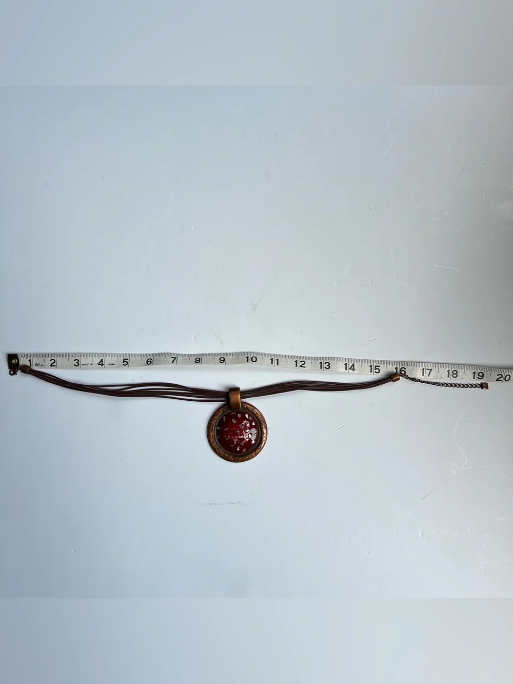 Artisan Copper Red Enamel Pendant Faux Leather Cord 19